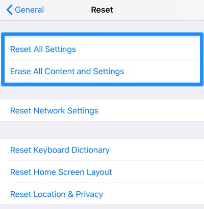 Reset All Settings and Erase All Content and Settings