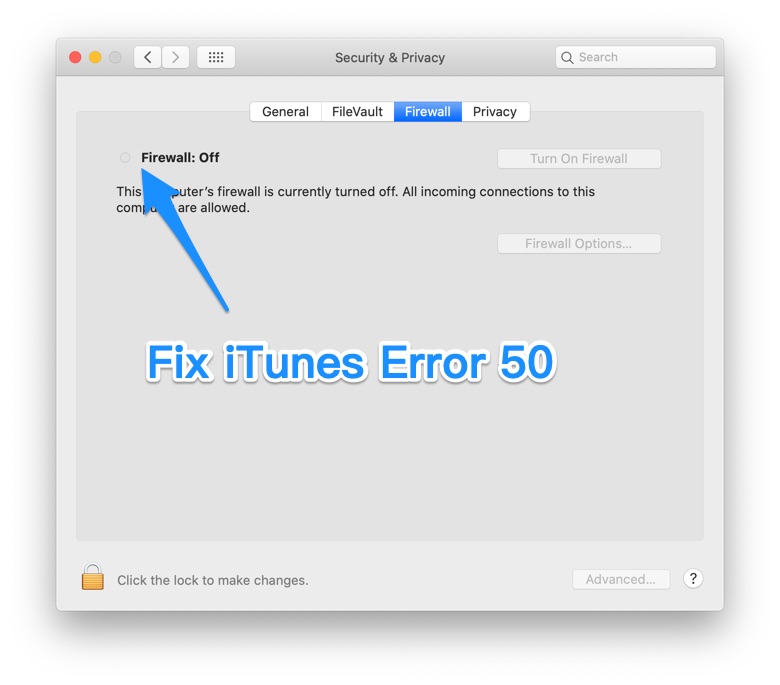 Fix iTunes Error 50 - Check Firewall and Security Software Settings